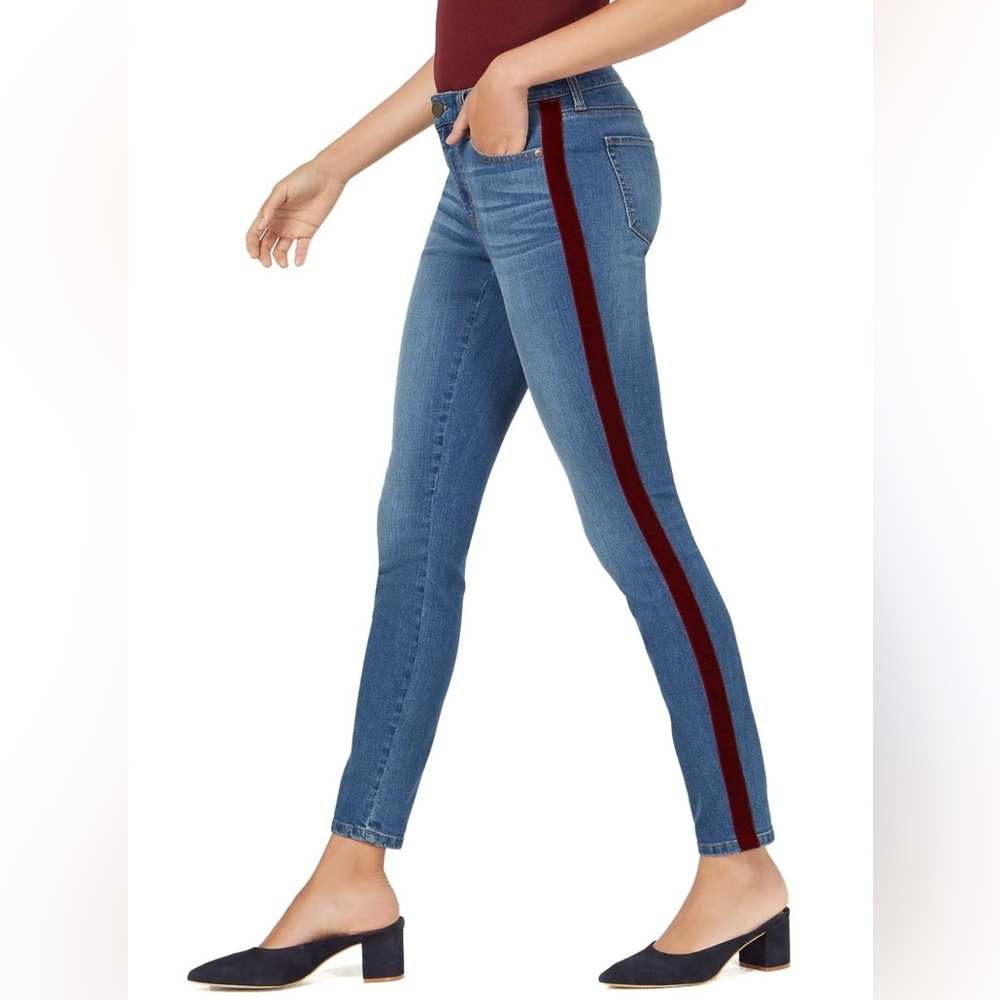 MOTHER Blue The Looker Ankle Fray Skinny Jeans with Burgundy Stripe